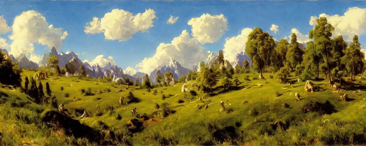 Prompt: disney illustrated background of a hilly valley with a blue sky and fluffy white clouds, grassy field by eugene von guerard, ivan shishkin, john singer sargent