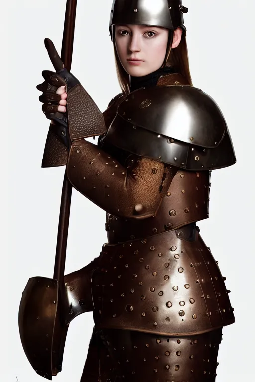 Image similar to female medieval soldier wearing leather armor, brown hair, by louis vuitton, luxury materials, symmetrical, cinematic, elegant, professional studio light, real dlsr photography, sharp focus, 4 k, ultra hd, sense of awe, high fashion