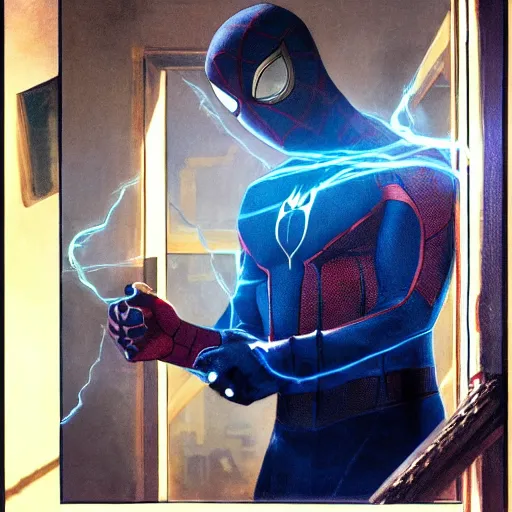 Image similar to ryan reynolds as spider - man, wearing a black and blue suit, cinematic, volumetric lighting, f 8 aperture, cinematic eastman 5 3 8 4 film, photorealistic by greg rutkowski, by stanley artgerm, by alphonse mucha