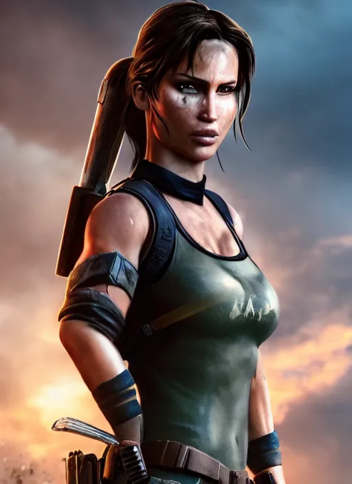 Image similar to a film still of lara croft as batgirl, her sweat, sun light, close up potrait, cinematic,