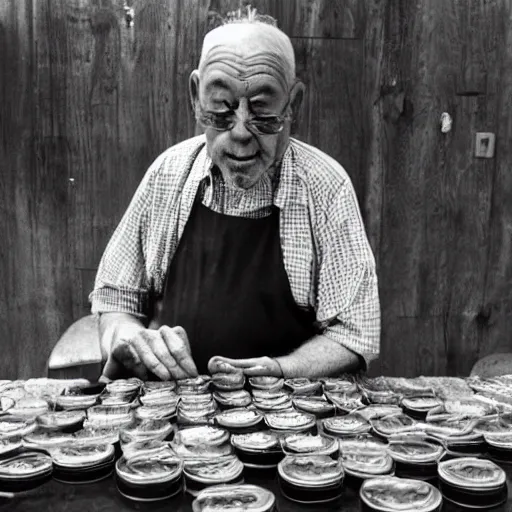 Prompt: an old man stacking peaces of pickles on his forehead trying to make a pickle tower