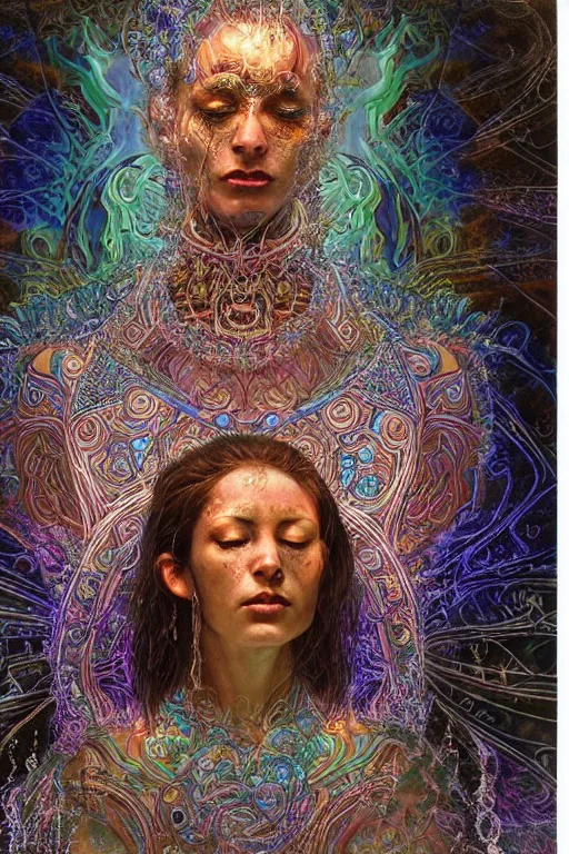 Prompt: meditating psychedelic ritual practitioner with trinket necklace, epic angle and pose, reflective pool, symmetrical artwork, ayahuasca, translucent, fungus, energy flows of water and fire, highly detailed, epic cinematic concept art, excellent composition, dystopian brutalist atmosphere, dynamic dramatic lighting, aesthetic, very inspirational, arthouse, Greg Rutkowski, Artgerm