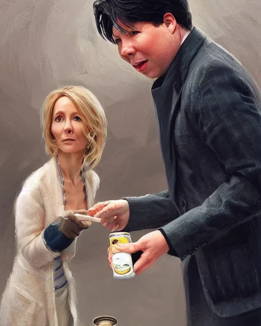 Image similar to j k rowling & michael mcintyre holding a ring pull can of sardines, elegant, real life skin, intricate, high detailed, artstation, concept art, smooth, sharp focus, art by artgerm and greg rutkowski