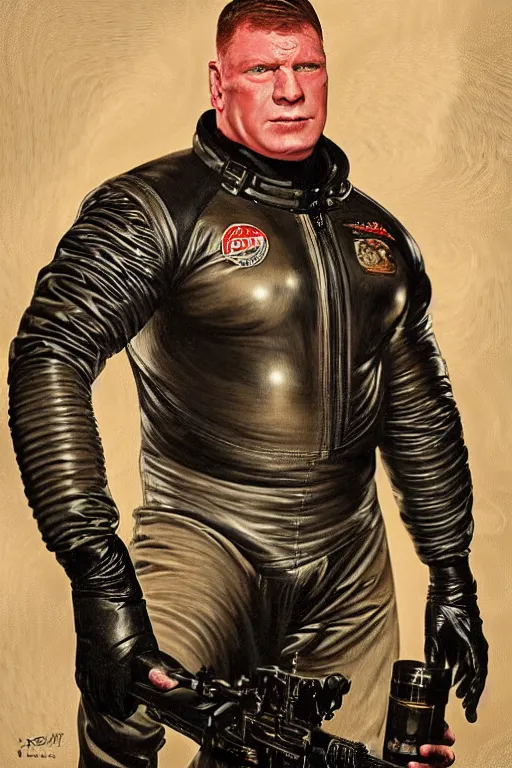 Prompt: upper body portrait of brock lesnar wearing leather spacesuit in victorian living room, illustration by norman rockwell, jacob collins, artstation character art, greg rutkowski