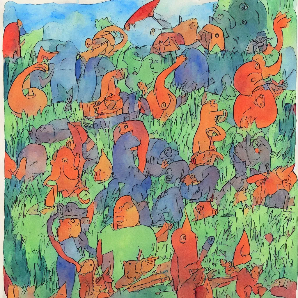 Image similar to babar discovers fire outsider art children's illustration watercolor painting