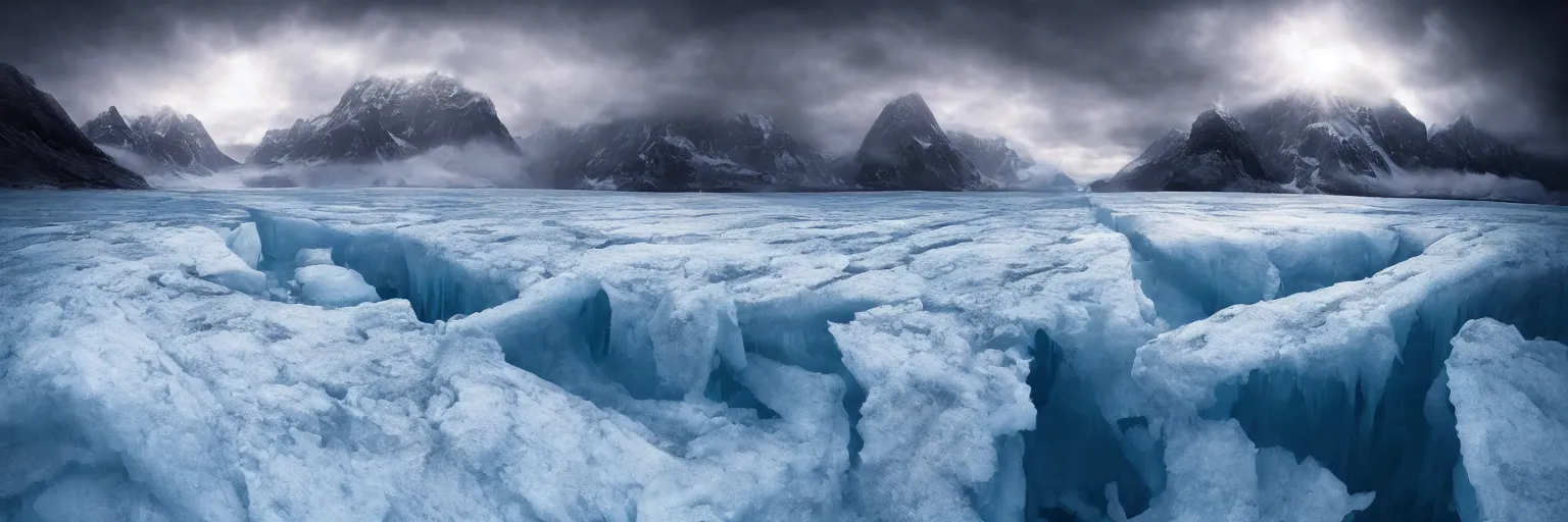 Prompt: amazing landscape photo of A gigantic monster trapped under the ice by marc adamus beautiful dramatic lighting