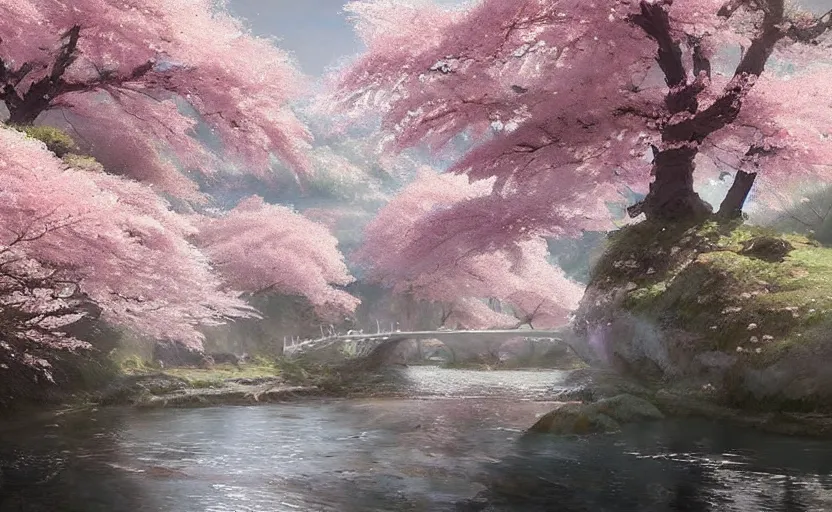 Prompt: japanese cherry blossom trees by a river, fantasy digital painting by greg rutkowski, by james gurney, trending on artstation, highly detailed