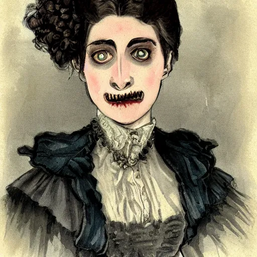 Prompt: head and shoulder professional portrait of a victorian female vampire, painted in the style of bloodborne, muted colors, vampire fashion, highly detailed, melancholy, vampire teeth