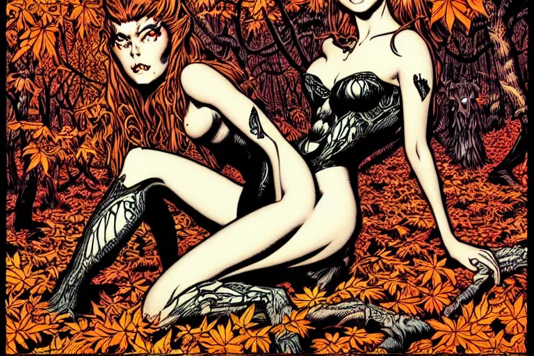 Prompt: a stunning demon girl sitting in an autumn forest, fantasy graphic novel style, by wendy pini and virgil finlay, intricate, very fine inking lines, extremely detailed, 4k, hd