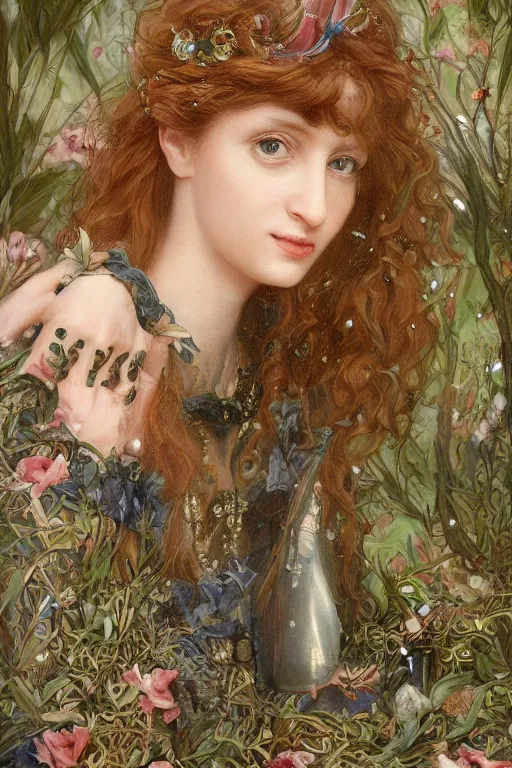 Image similar to An extremely beautiful pre-raphaelite portrait of a cute witch, surreal, ultradetailed, intricate, elegant, digital art painting, artstation, concept art, smooth, sharp focus, illustration, regal, award winning picture, extremely detailed masterpiece, sense of awe, featured on artstation, Artgerm, effervescent punk kawaii-noir pastel bubbles, winning award piece, ethereal rainbows, Aetherpunk, low-key neon lightning, stormy weather, Exquisite details, 8K detail post-processing