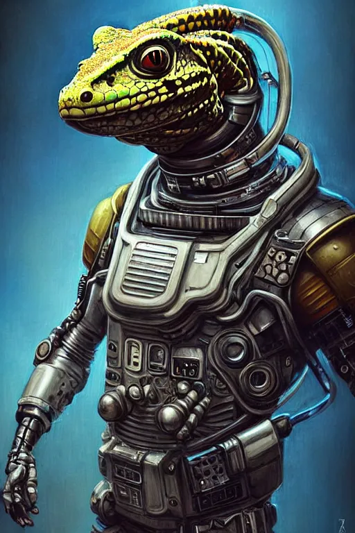 Prompt: a portrait of a muscular anthropomorphic cyberpunk gecko lizard with big head in spacesuit armor with ensignia on chest plate by sandra chevrier, by jon foster, detailed render, pistol in holster, tape deck, epic composition, cybernetics, 4 k realistic, cryengine, realistic shaded lighting, sharp focus, masterpiece, by enki bilal