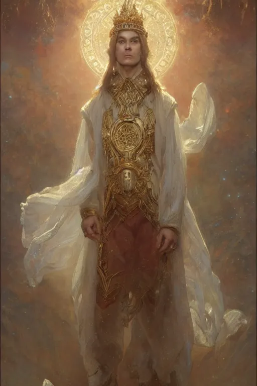 Image similar to full body portrait of a beautiful ethereal delicate mage king meditative pose, highly detailed painting by gaston bussiere, craig mullins, j. c. leyendecker, 8 k, mid shot