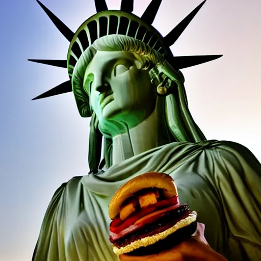 Image similar to statue of liberty eating a cheeseburger, golden hour, award winning photo, low angle