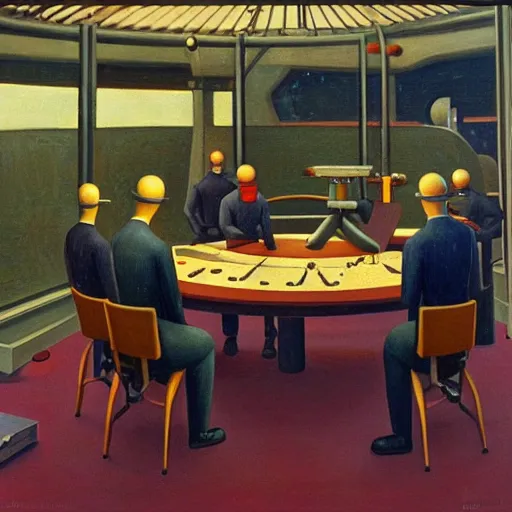 Image similar to robotic scientists in a dome - shaped control center, grant wood, pj crook, edward hopper, oil on canvas