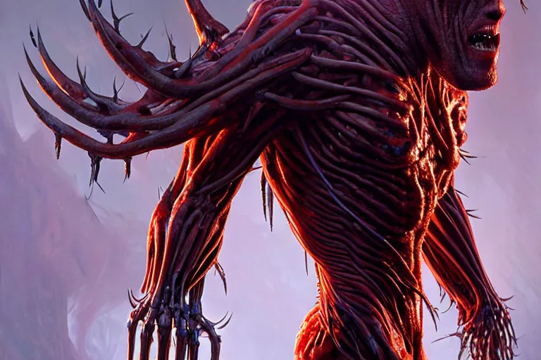 Image similar to creature made out of a humanoid nervous system with large meaty spikes all over the body, cinematic, volumetric lighting, f 8 aperture, cinematic eastman 5 3 8 4 film, photorealistic by greg rutkowski, by stanley artgerm, by alphonse mucha