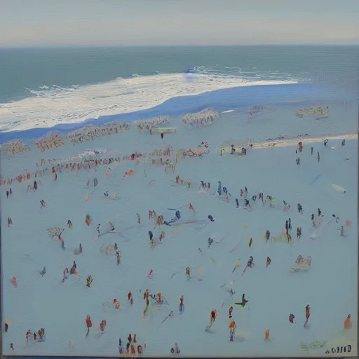 Prompt: a birdseye painting by Sally West of sparse people on a beach from high above, featured on tumblr, action painting, oil on canvas, painterly