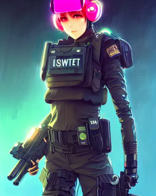 Prompt: anime key visual of a female officer, swat vest, neon, cyberpunk, futuristic, stunning, highly detailed, digital painting, smooth, soft focus, illustration, movie poster, japanese typography, digital art from artstation by artgerm and greg rutkowski and alphonse mucha