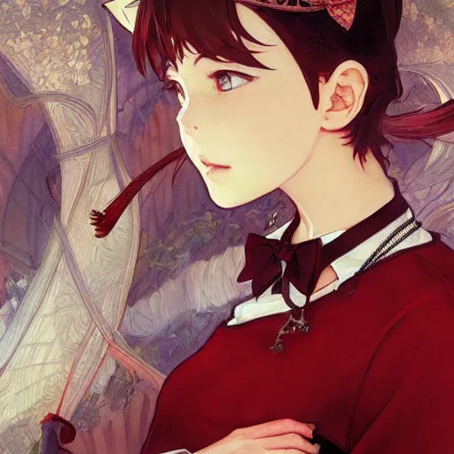 Image similar to beatiful woman wearing cat ears with big sack, a little boy wearing white shirt and red tie, anime key visual, intricate, stunning, highly detailed, digital painting, artstation, smooth, hard focus, illustration,, art by artgerm and greg rutkowski and alphonse mucha