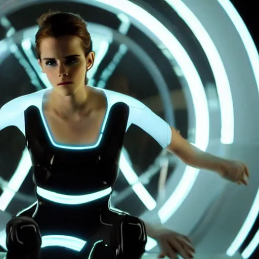 Prompt: movie still of emma watson in tron : legacy ( 2 0 1 0 )