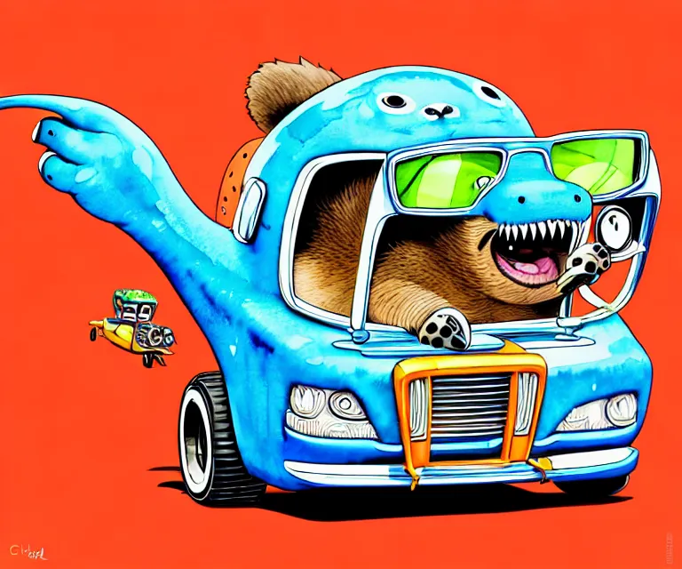 Image similar to cute and funny, beaver wearing goggles driving a tiny hot rod with an oversized engine, ratfink style by ed roth, centered award winning watercolor pen illustration, isometric illustration by chihiro iwasaki, edited by craola, tiny details by artgerm and watercolor girl, symmetrically isometrically centered