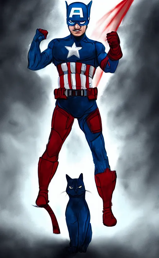 Prompt: cat as captain america, dynamic lighting, cinematic, ultra detailed, trending on art station, stunning visuals, creative, fantasy concept art