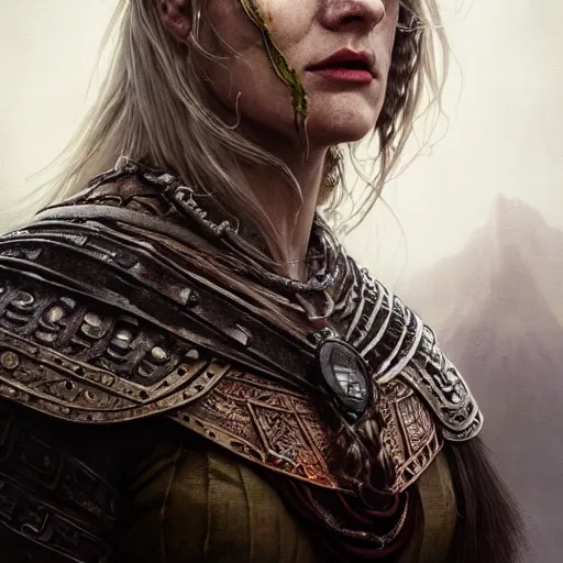 Image similar to Official photo of a majestic fierce viking woman, leader, fear, scarred, highly detailed, viking attire, cinematic, 8k, 1080s, by Stanley Artgermm, Tom Bagshaw, Greg Rutkowski, Vincent di Fate, Carne Griffiths, Ayami Kojima, trending on DeviantArt, hyper detailed, full of color, digital art,