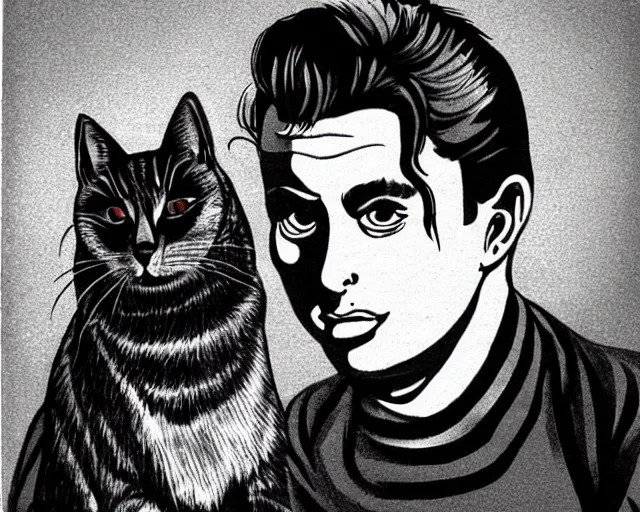 Image similar to A grey short haired cat with black stripes, Illustrated by James Dean