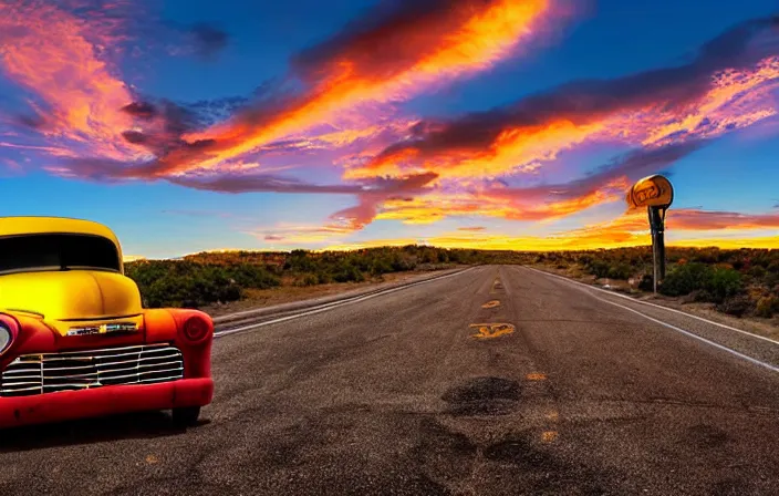 Image similar to A beautiful colorful evening scene of route66, old road with abandoned gas station and rusty old pickup truck, hyper realistic, blinding backlight evening sun, sparkling sun rays, epic scene, intense setting, evening vibe