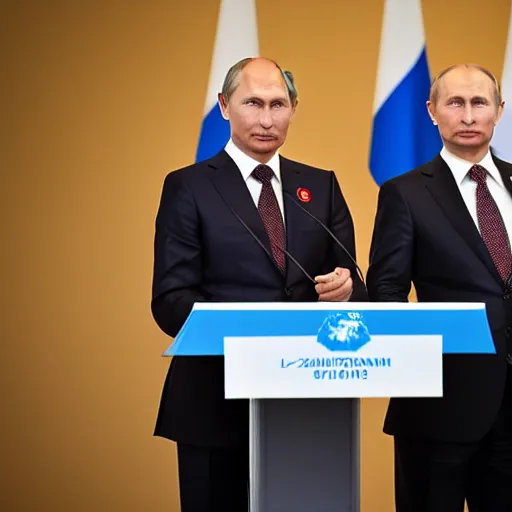 Prompt: annie leonhart and vladimir putin hold joint press conference in biarritz at g 7 summit, zeiss 1 5 0 mm, sharp focus, natural lighting, ultra realistic, high definition 4 k photo, g 7 summit press photos