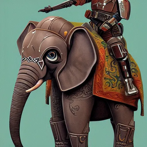 Image similar to painting of the mandalorian riding an elephant, intricate, high detail, in the style of mandalorian end credit concept art