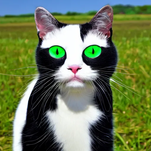 Image similar to white and black cat with green eyes dominates planet earth, destruction, global war