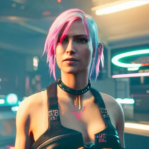 Image similar to female V from Cyberpunk 2077 wearing spiked choker, collar, choker, punk, collar, 4K