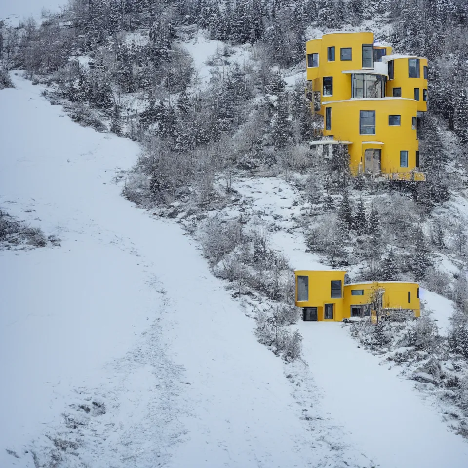 Image similar to a road leading to a mid-century modern house on top of a cliff in the arctic, covered with snow, designed by Frank Gehry, with a long pathway toward it. Big tiles. Film grain, cinematic, yellow hue