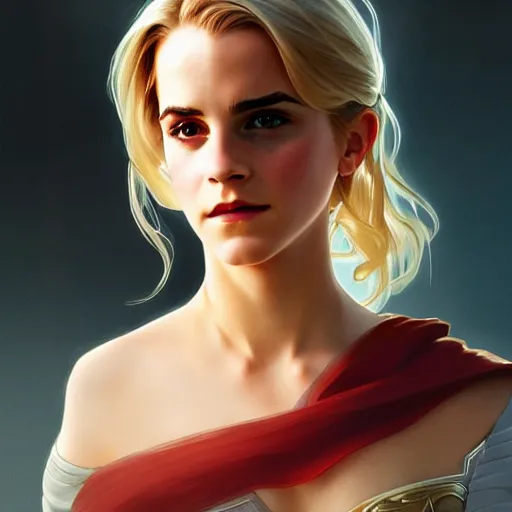 Prompt: Blonde Emma Watson as Super Girl, western, D&D, fantasy, intricate, elegant, highly detailed, digital painting, artstation, concept art, matte, sharp focus, illustration, art by Artgerm and Greg Rutkowski and Alphonse Mucha