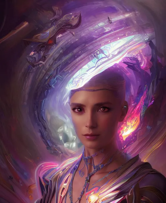 Image similar to a whirlwind of souls rushing inside the metaverse, half body, glowin eyes, tiara with sapphire, pharaoh, android, cyberpunk, d & d, fantasy, intricate, elegant, highly detailed, colorful, vivid color, digital painting, artstation, concept art, art by artgerm and greg rutkowski and alphonse mucha and ruan jia