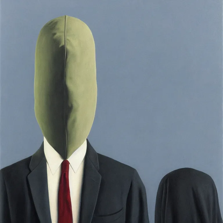 Image similar to portrait of a faceless hooded figure in a suit by rene magritte, detailed painting, distance, centered, hd, hq, high resolution, high detail, 4 k, 8 k