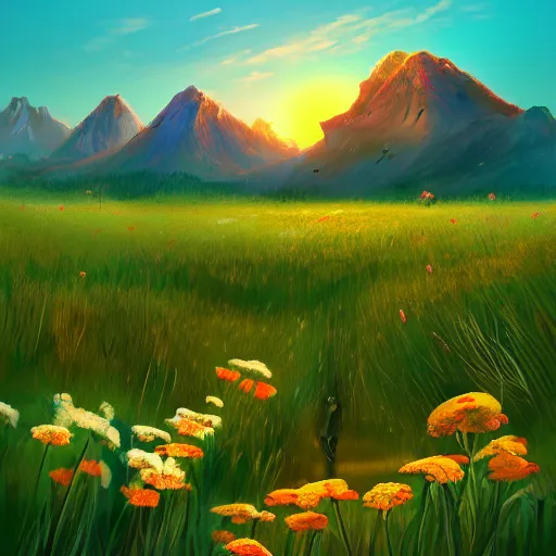 Prompt: field of flowers sun day mountains artstation unreal ingine