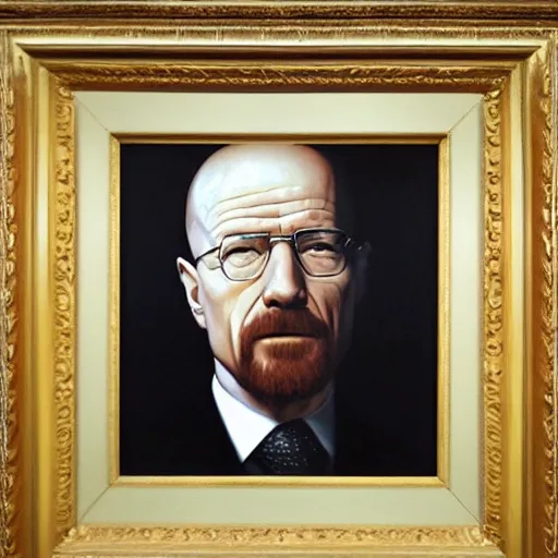 Image similar to president walter white, walter white presidential portrait, oval office painting. official portrait, painting by gibbs - coolidge. oil on canvas, wet - on - wet technique, underpainting, grisaille, realistic. restored face.