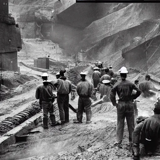 Image similar to an image of a group of men mining in a coal mine, in a medium full shot, russian and japanese mix, high - key lighting, warm lighting, overcast flat midday sunlight, a vintage historical fantasy 1 9 8 2 photo from life magazine.