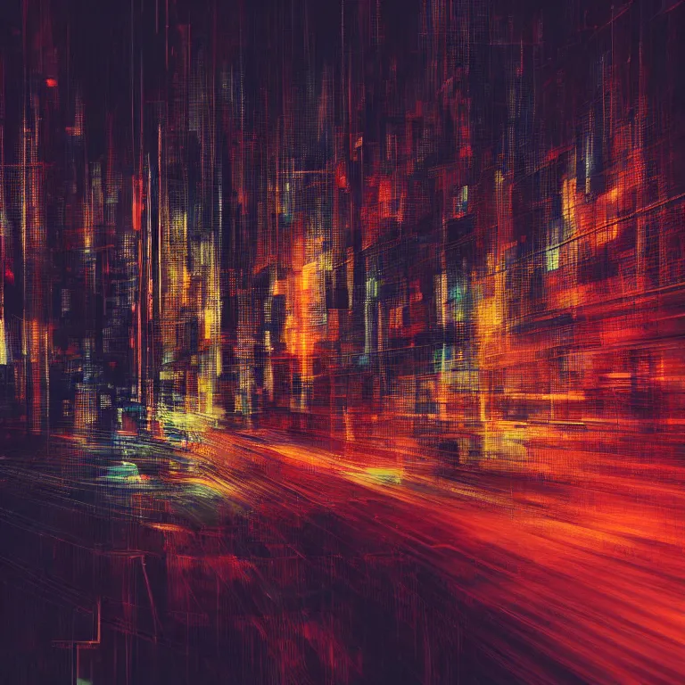 Prompt: an abstract painting of a cityscape at night, cyberpunk art by richter, cgsociety, cubo - futurism, quantum wavetracing, glitch art, camera horizontal move, long exposure, horizontal blur, cityscape, 8 k