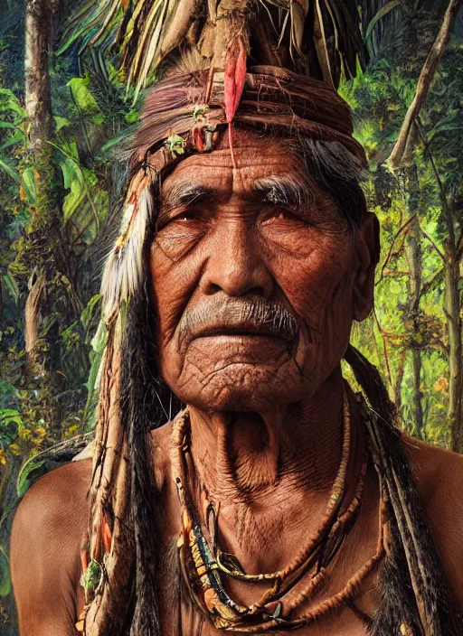 Image similar to a beautiful painting portrait of a very old indigenous grand-father in the amazon jungle, matte painting, fantasy art, ayahuasca, highly detailed