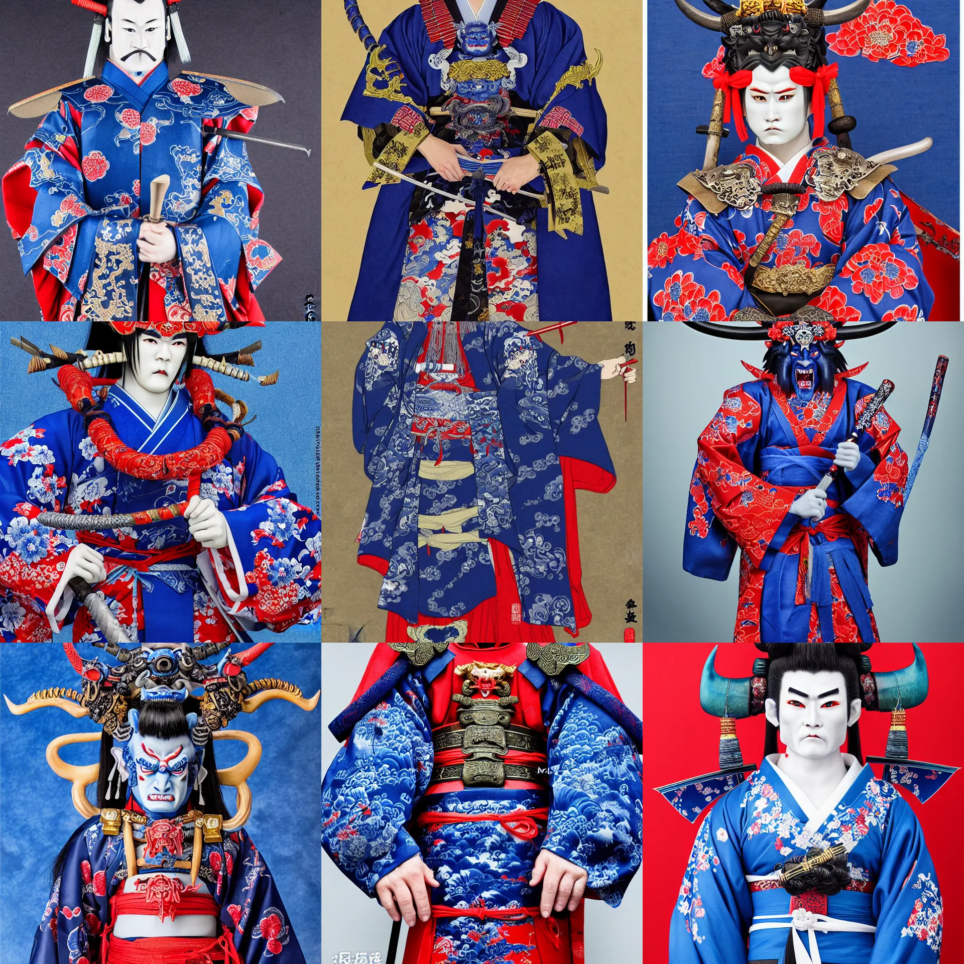 Image similar to a standing portrait of a male blue blue oni demon 鬼 👹 horns horns horns blue blue blue skin dressed as samurai 羽 織 haori kimono official portrait highly detailed, 4 k, hdr, smooth, sharp focus, high resolution, award - winning, illustrated by anne stokes, from sengoku period blue