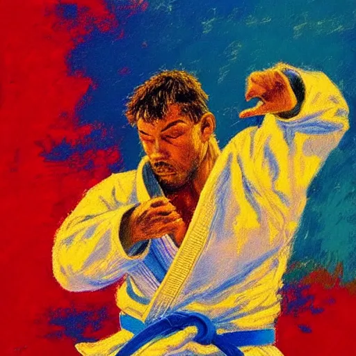 Prompt: judoka by leroy neiman, intricate, ultra detailed painting, atmospheric lighting, golden hour
