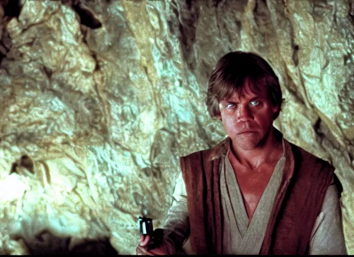 Image similar to screenshot photo of Luke Skywalker in the film temple of doom (1984) finding the ancient jedi texts in a rocky cave, Photographed with Leica Summilux-M 24 mm lens, ISO 100, f/8, Portra 400, 4K, anamorphic