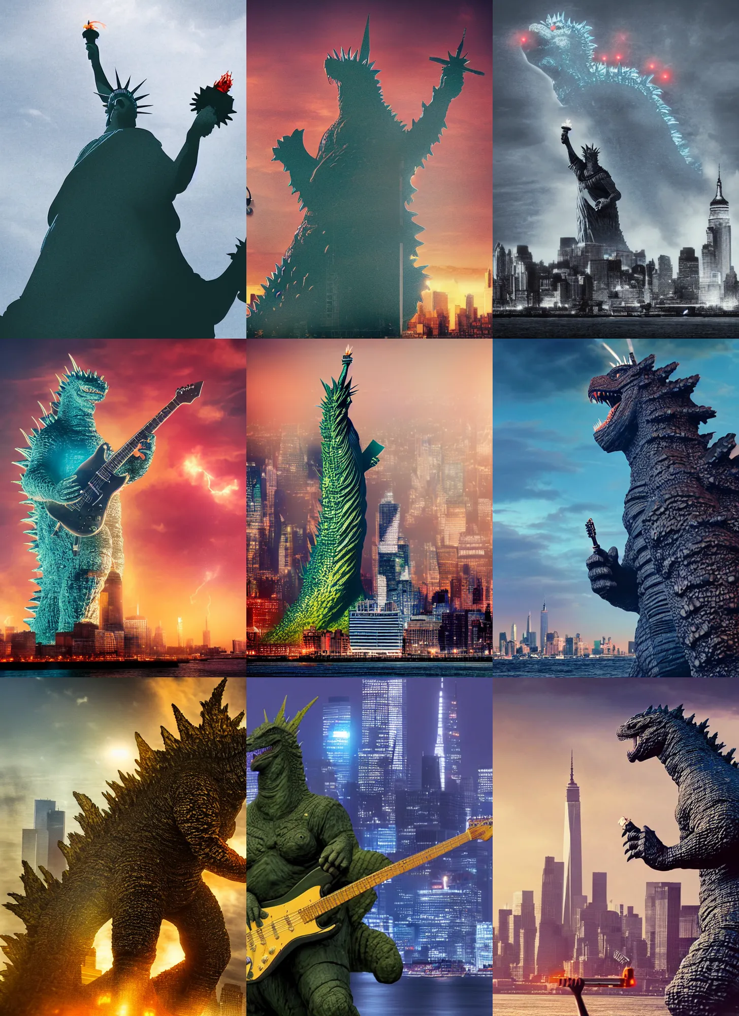 Prompt: a high quality photo of Godzilla playing electric guitar, Statue of Liberty, New York city as backdrop, render, ultra realistic, cgsociety