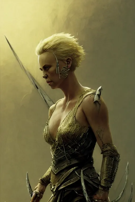 Image similar to charlize theron, warrior, lord of the rings, tattoos, decorated ornaments, by carl spitzweg, ismail inceoglu, vdragan bibin, hans thoma, greg rutkowski, alexandros pyromallis, perfect face, fine details, realistic shadeing