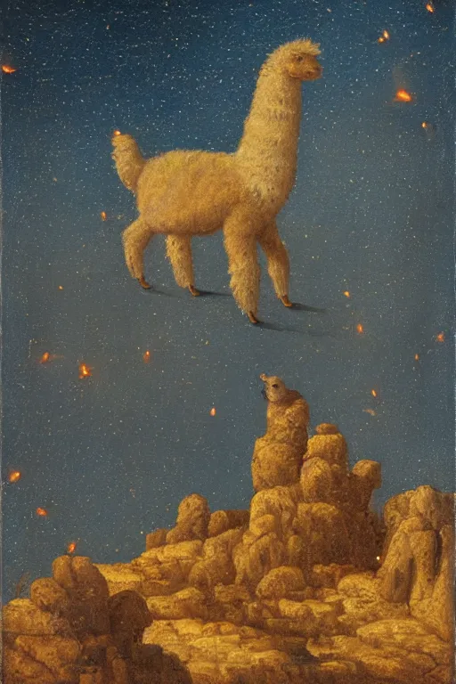 Image similar to detailed renaissance oil painting of an alpaca shaped building standing in the desert of pastel feathers lit by small fireflies at night