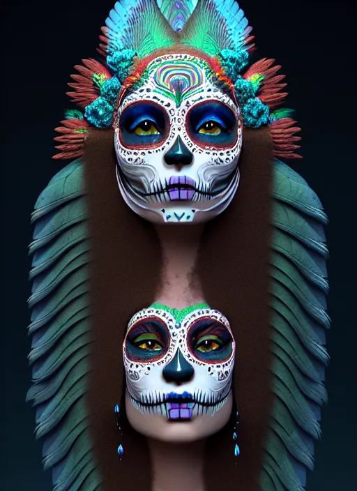 Image similar to 3 d mexican goddess profile portrait. beautiful intricate highly detailed day of the dead mask and feathers. low - key lighting, bioluminescent, plasma, lava, ice, water, wind, creature, tlahuelpuchi, artwork by tooth wu and wlop and beeple and greg rutkowski, 8 k trending on artstation,