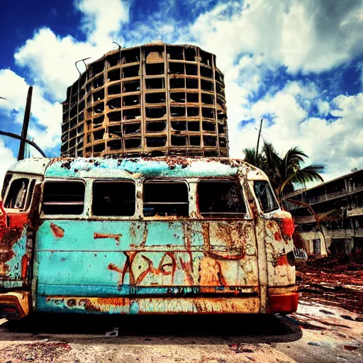 Image similar to low wide angle shot of dilapidated fallout 5 miami, tropical coastal city, desolate, dilapidated neon signs, few rusted retro futuristic vintage parked vehicles like cars, buses, trucks, trams, sunny weather, few clouds, volumetric lighting, photorealistic, daytime, spring, sharp focus, ultra detailed, 4 0 0 0 k