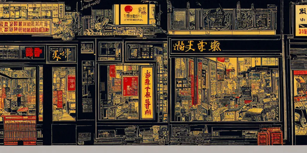 Image similar to a shop window in hong kong, by dan mumford and peter doig and edward hopper, minimal, black ink, thick lines, highly detailed, muted colours, overlaid with chinese adverts, 8 k